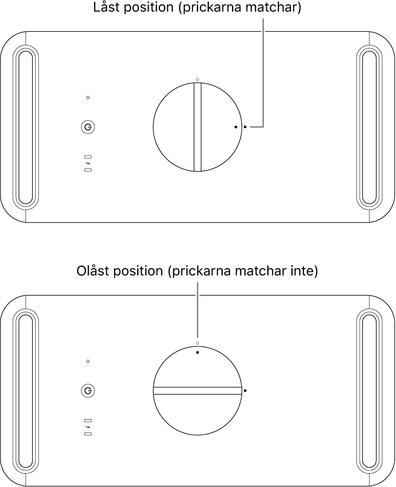 Datorhöljet ovanifrån visar spärren i låst och olåst position.