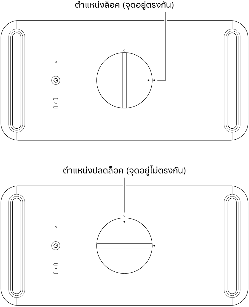 ด้านบนสุดของฝาครอบคอมพิวเตอร์ที่แสดงสลักในตำแหน่งล็อคและปลดล็อค