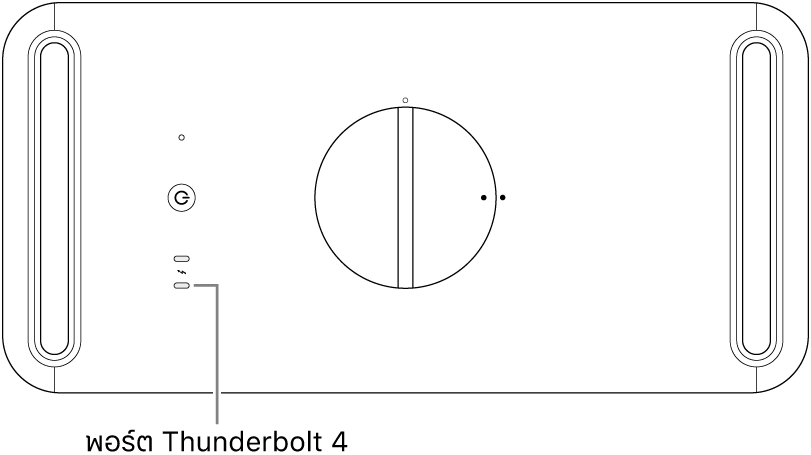 ด้านบนสุดของ Mac Pro ที่มีตัวชี้บรรยายไปยังพอร์ต Thunderbolt 4 ที่ถูกต้องสำหรับใช้งาน