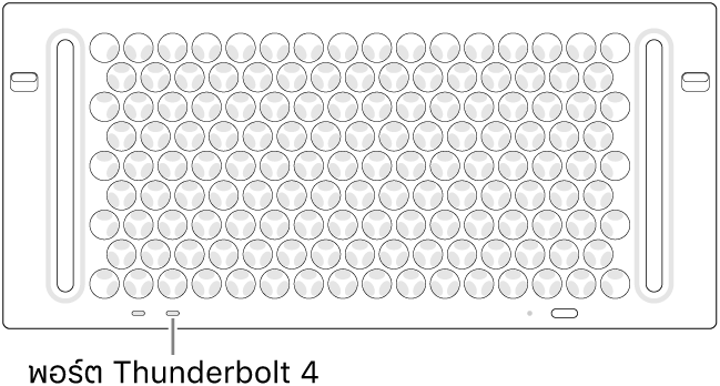 ด้านบนสุดของ Mac Pro โดยชี้ไปที่พอร์ต Thunderbolt 4 ที่ถูกต้องสำหรับใช้งาน