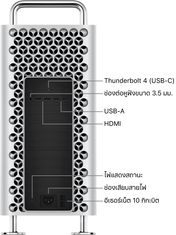 มุมมองด้านข้างของ Mac Pro ซึ่งแสดงพอร์ต Thunderbolt 4 (USB-C) หกพอร์ต, ช่องต่อหูฟังขนาด 3.5 มม., พอร์ต USB-A สองพอร์ต, พอร์ต HDMI สองพอร์ต, ไฟแสดงสถานะ, ช่องเสียบสายไฟ และพอร์ตอีเธอร์เน็ต 10 กิกะบิตสองพอร์ต
