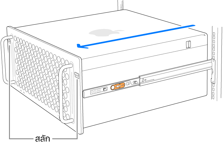 Mac Pro ที่วางอยู่บนรางที่ยึดติดกับแร็ค