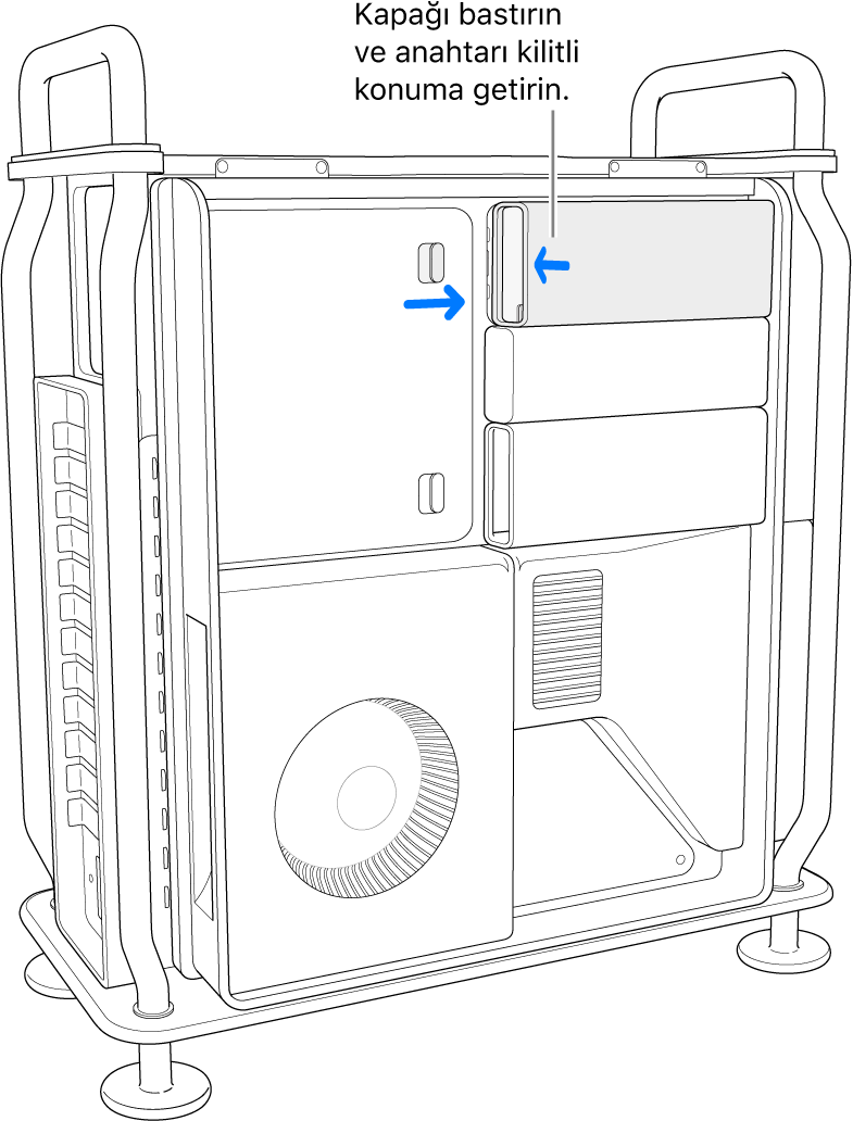 Kilit anahtarını sağa hareket ettirip SSD kapağına bastırarak SSD kapakları yeniden takılıyor.