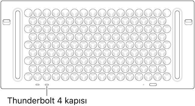 Kullanılacak doğru Thunderbolt 4 kapısının gösterildiği Mac Pro’nun üst kısmı.