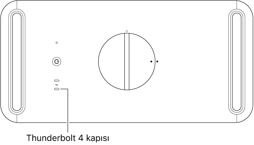 Kullanılacak doğru Thunderbolt 4 kapısının belirtme çizgisi ile Mac Pro’nun üst kısmı.