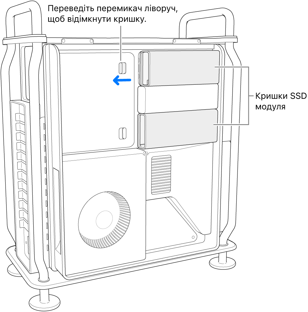 Перемикач посунуто ліворуч, відмикаючи кришку SSD.