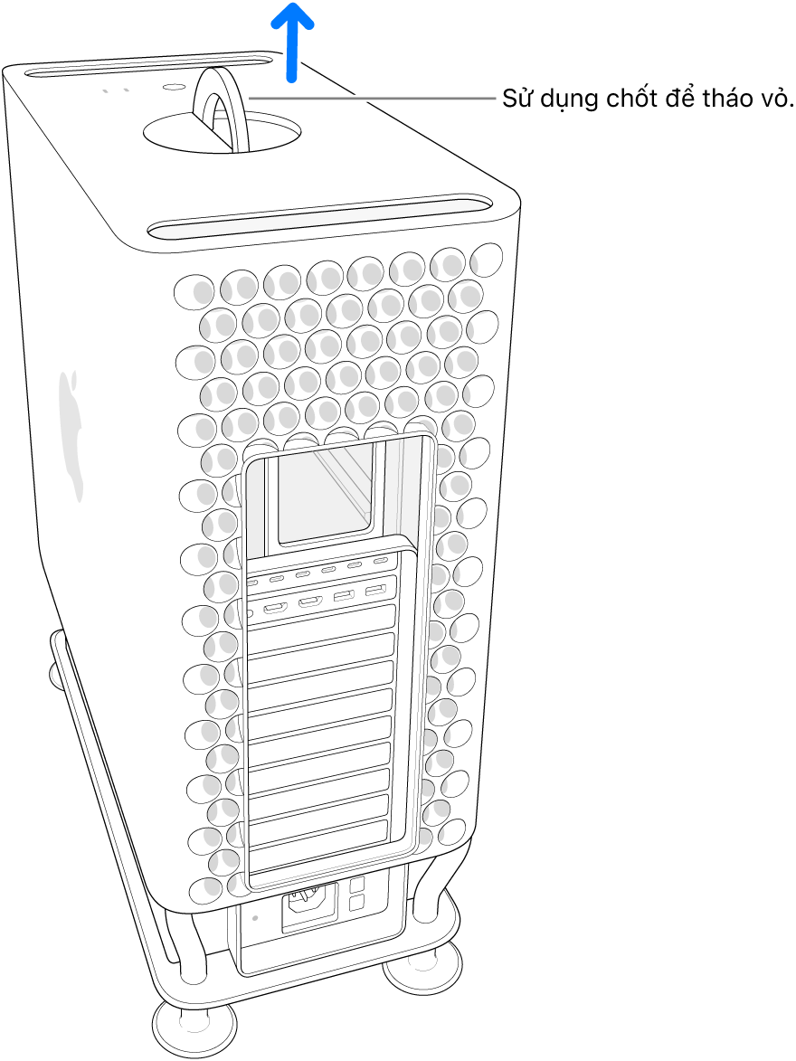 Chốt được xoay và ở vị trí đứng; vỏ máy đang được tháo.