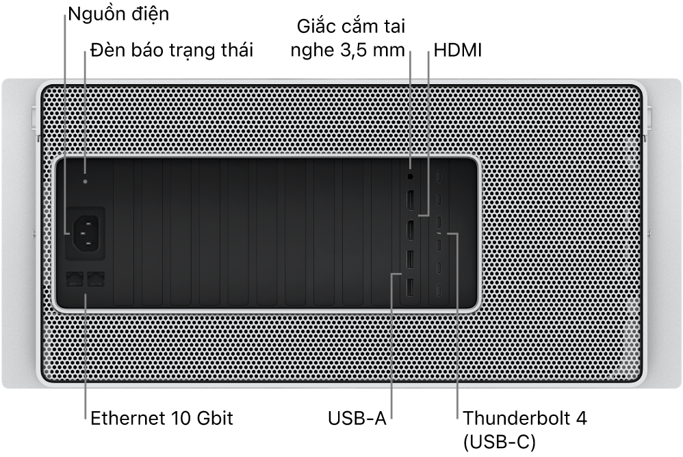 Góc nhìn mặt sau của Mac Pro đang hiển thị cổng nguồn, một đèn báo trạng thái, giắc cắm tai nghe 3,5 mm, hai cổng HDMI, sáu cổng Thunderbolt 4 (USB-C), hai cổng USB-A và hai cổng Ethernet 10 Gbit.