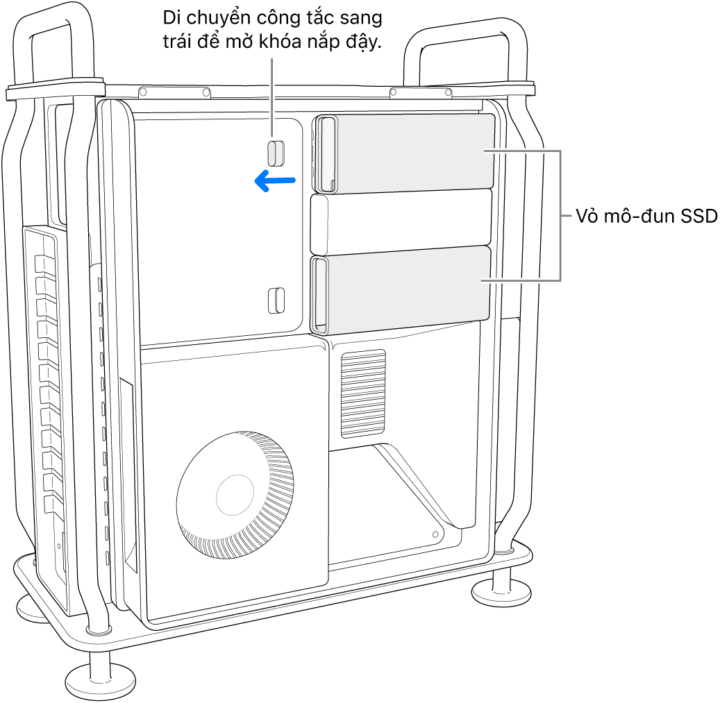 Công tắc đang được di chuyển sang bên trái để mở khóa nắp đậy SSD.