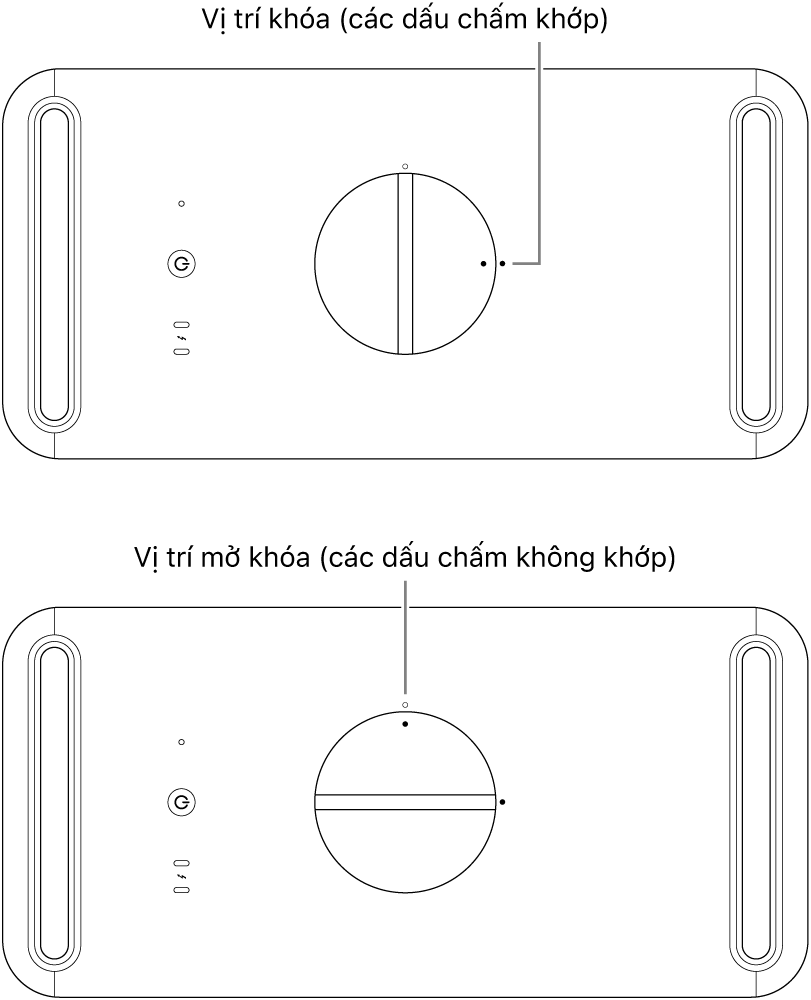 Mặt trên của vỏ máy tính đang minh họa chốt ở các vị trí khóa và mở khóa.