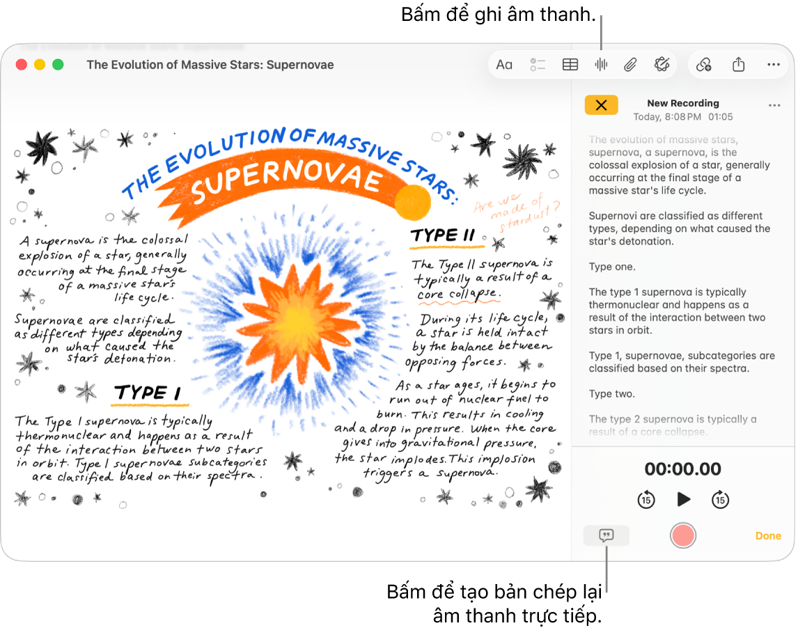 Một cửa sổ Ghi chú đang hiển thị một ghi chú với một bản ghi âm thanh. Cửa sổ Chi tiết âm thanh được mở và hiển thị một bản chép lại của bản ghi âm thanh.