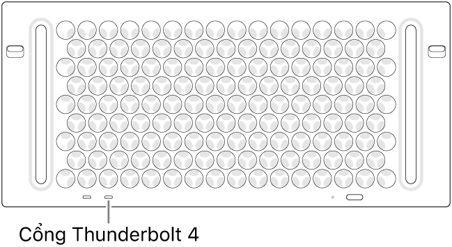 Mặt trên của Mac Pro, đang chỉ ra cổng Thunderbolt 4 đúng cần sử dụng.