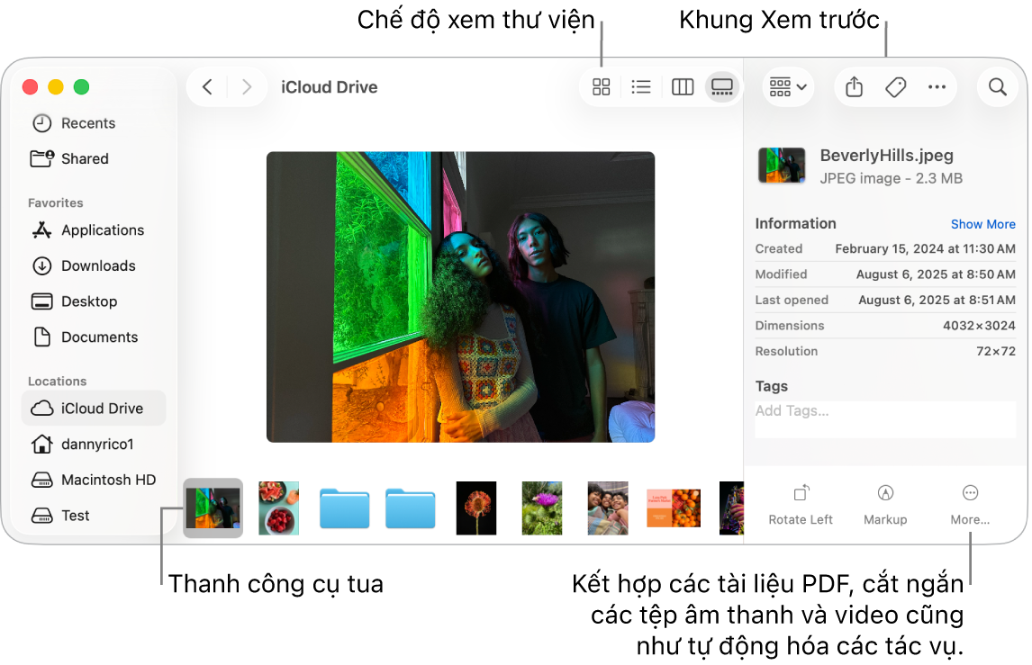 Một cửa sổ Finder mở trong Chế độ xem thư viện, đang hiển thị một ảnh lớn với một hàng các ảnh nhỏ hơn – thanh công cụ tua – ở bên dưới. Các điều khiển xoay, đánh dấu, v.v. nằm ở bên phải của thanh công cụ tua.