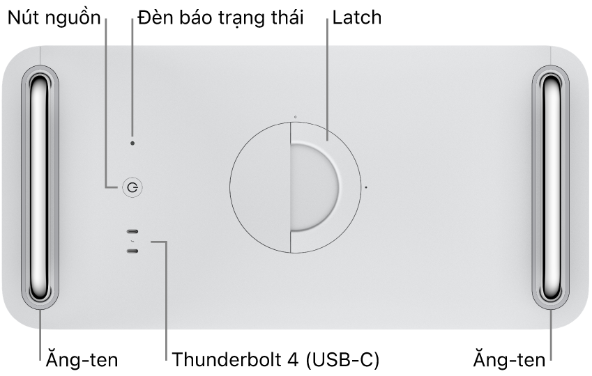 Mặt trên của Mac Pro đang hiển thị nút Nguồn, đèn báo trạng thái, chốt, hai cổng Thunderbolt 4 (USB-C) và hai ăng-ten, một ở bên trái và một ở bên phải.