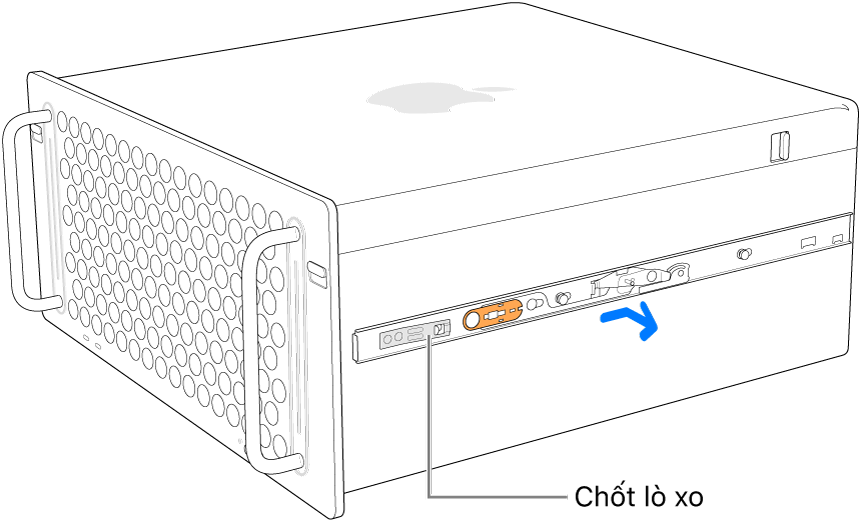 Thanh ray đang được tháo khỏi sườn của Mac Pro.