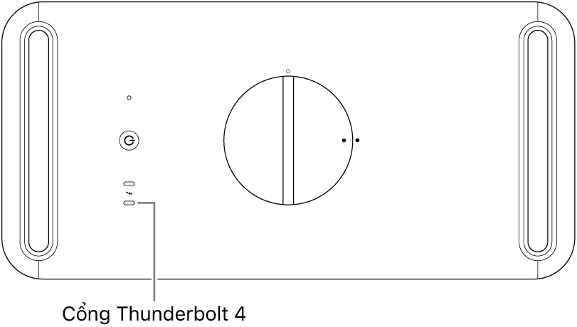 Mặt trên của Mac Pro, với một chú thích đến cổng Thunderbolt 4 đúng cần sử dụng.