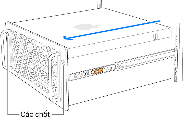 Mac Pro đang nằm trên các thanh ray được gắn vào giá đỡ.