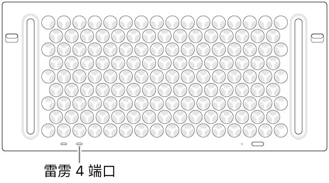 Mac Pro 的顶部，标注了要使用的正确雷雳 4 端口。
