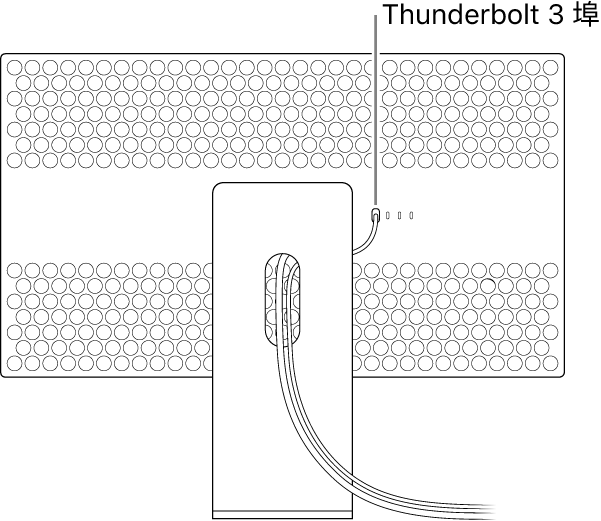 Pro Display XDR 的背面安裝在 Pro Stand 上,連接線穿過支架連接著顯示器。