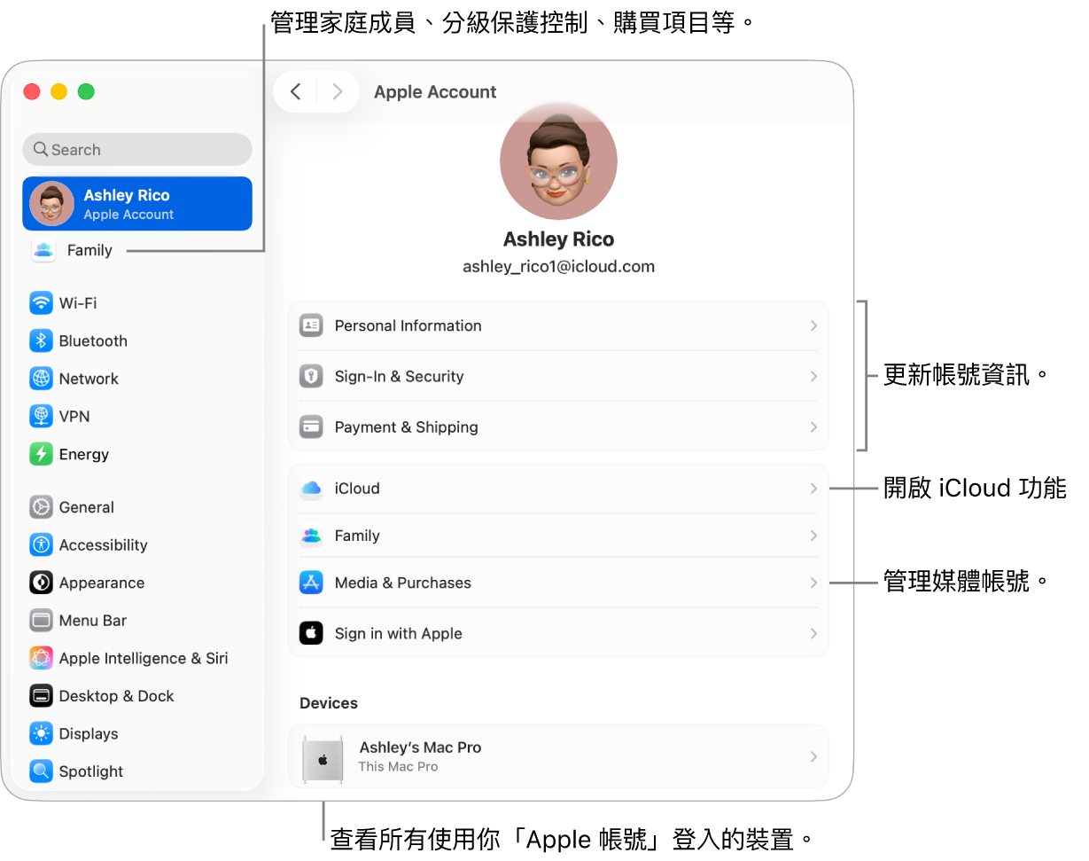 「系統設定」中的「Apple 帳號」設定包含更新帳號資訊、開啟或關閉 iCloud 功能、管理媒體帳號以及可管理家庭成員、分級保護控制、購買項目和更多內容的「家人共享」的說明框。
