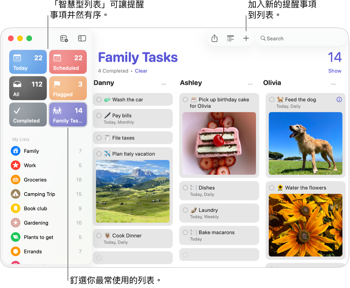 「提醒事項」視窗在左側顯示智慧型列表,而右側為其他提醒事項和列表。