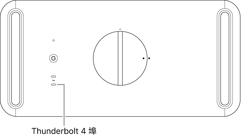 Mac Pro 的頂端,說明框顯示要使用的正確 Thunderbolt 4 埠。