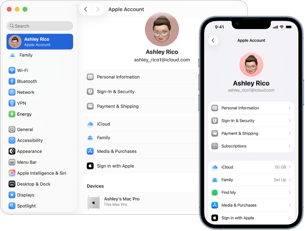 iPhone 和 Mac 上的 iCloud 設定。