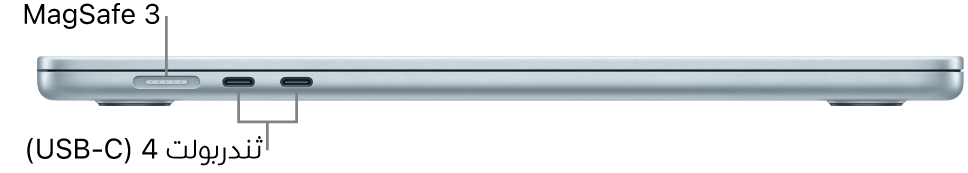 عرض للجانب الأيسر من MacBook Air مع وسائل شرح لمنافذ MagSafe 3 وثندربولت 4.