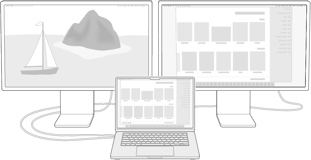 جهاز MacBook Air بجوار شاشتي Studio Display مستخدمتين كشاشتي عرض خارجية.
