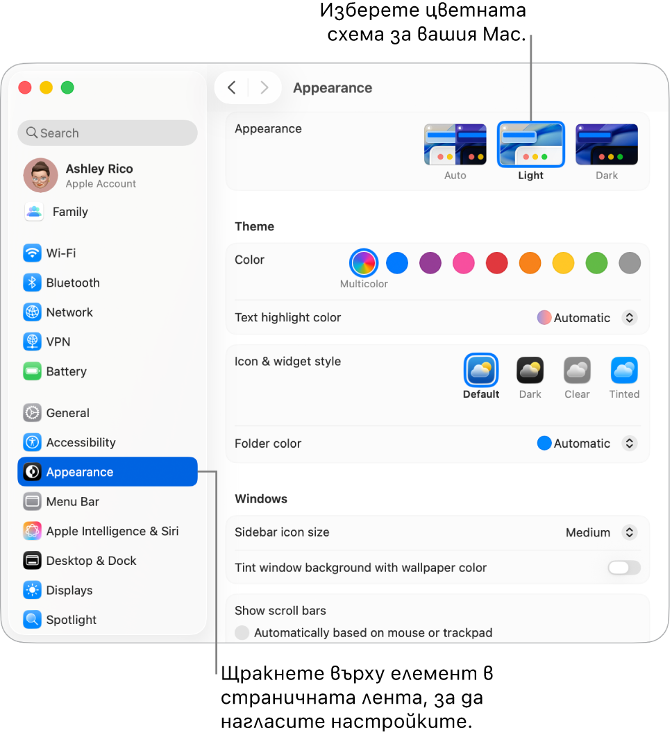 Настройки за Appearance (Изглед) в System Settings (Системни настройки).