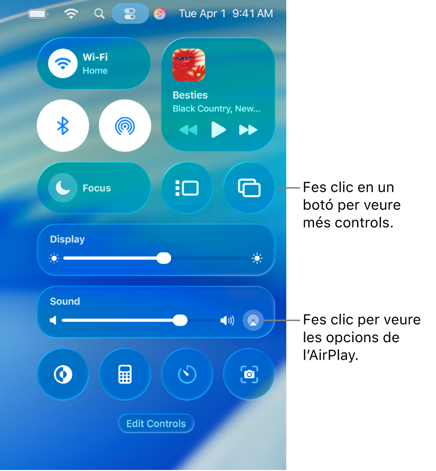 Vista ampliada del centre de control del Mac amb la llegenda del botó Pantalla.
