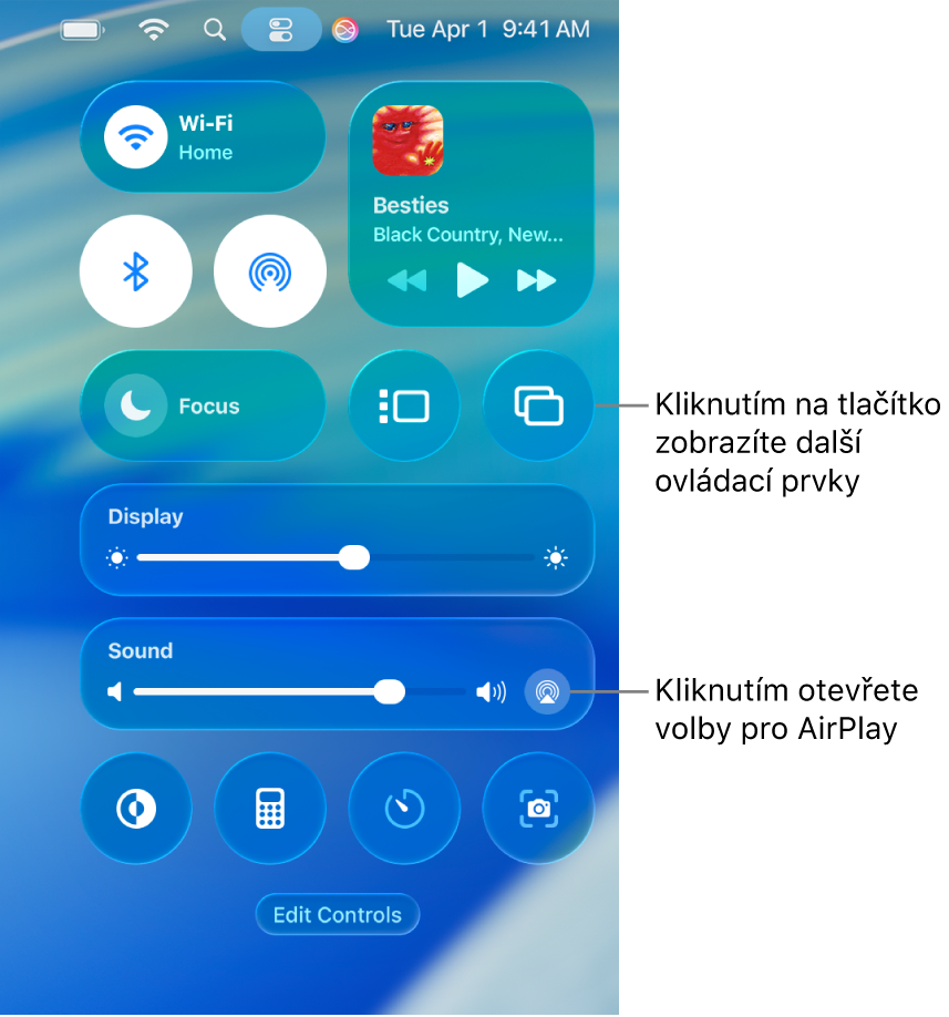 Přiblížené zobrazení Ovládacího centra na Macu s popiskem u tlačítka Monitor