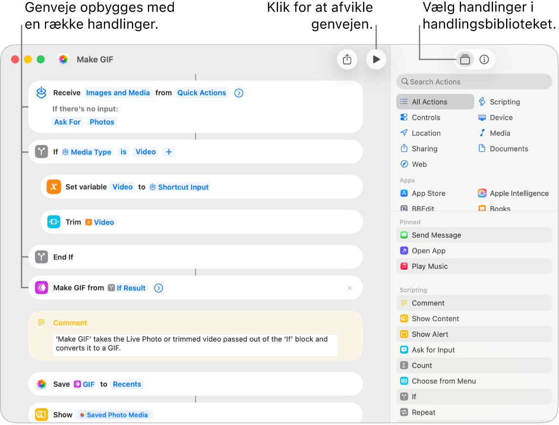 Redigeringsværktøjet til genveje til venstre viser handlingerne i genvejen Opret GIF.
