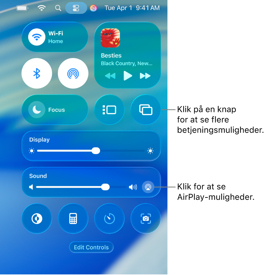 Der er zoomet ind på Kontrolcenter på din Mac, og der er en billedforklaring til knappen Skærm.