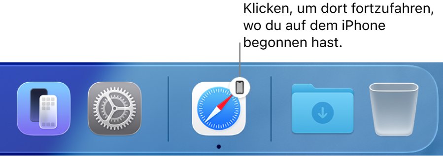 Das Handoff-Symbol ist im Dock sichtbar.