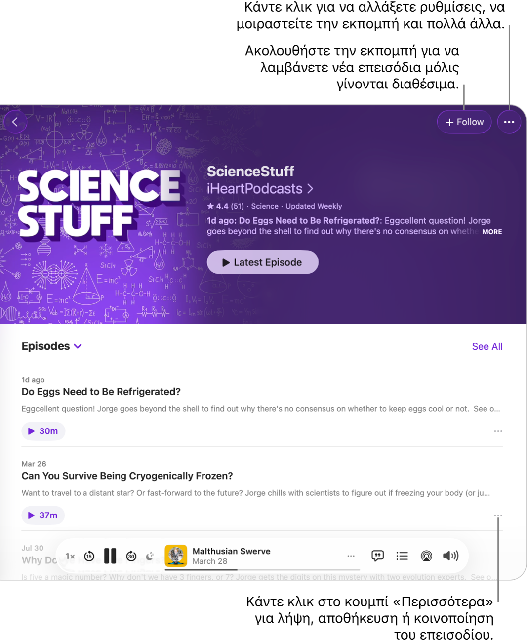 Ένα παράθυρο Podcasts όπου εμφανίζεται μια λίστα επεισοδίων σε ένα podcast. Το κουμπί «Ακολούθηση» στο πάνω μέρος του παραθύρου σάς επιτρέπει να ακολουθήσετε την εκπομπή, ενώ το κουμπί «Περισσότερα» δίπλα σε κάθε επεισόδιο σάς επιτρέπει να πραγματοποιήσετε λήψη ή αποθήκευση του επεισοδίου.
