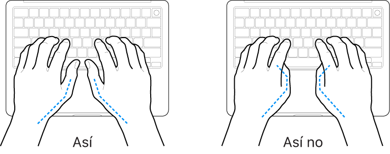 Manos posicionadas sobre un teclado, mostrando la alineación correcta e incorrecta de los pulgares.