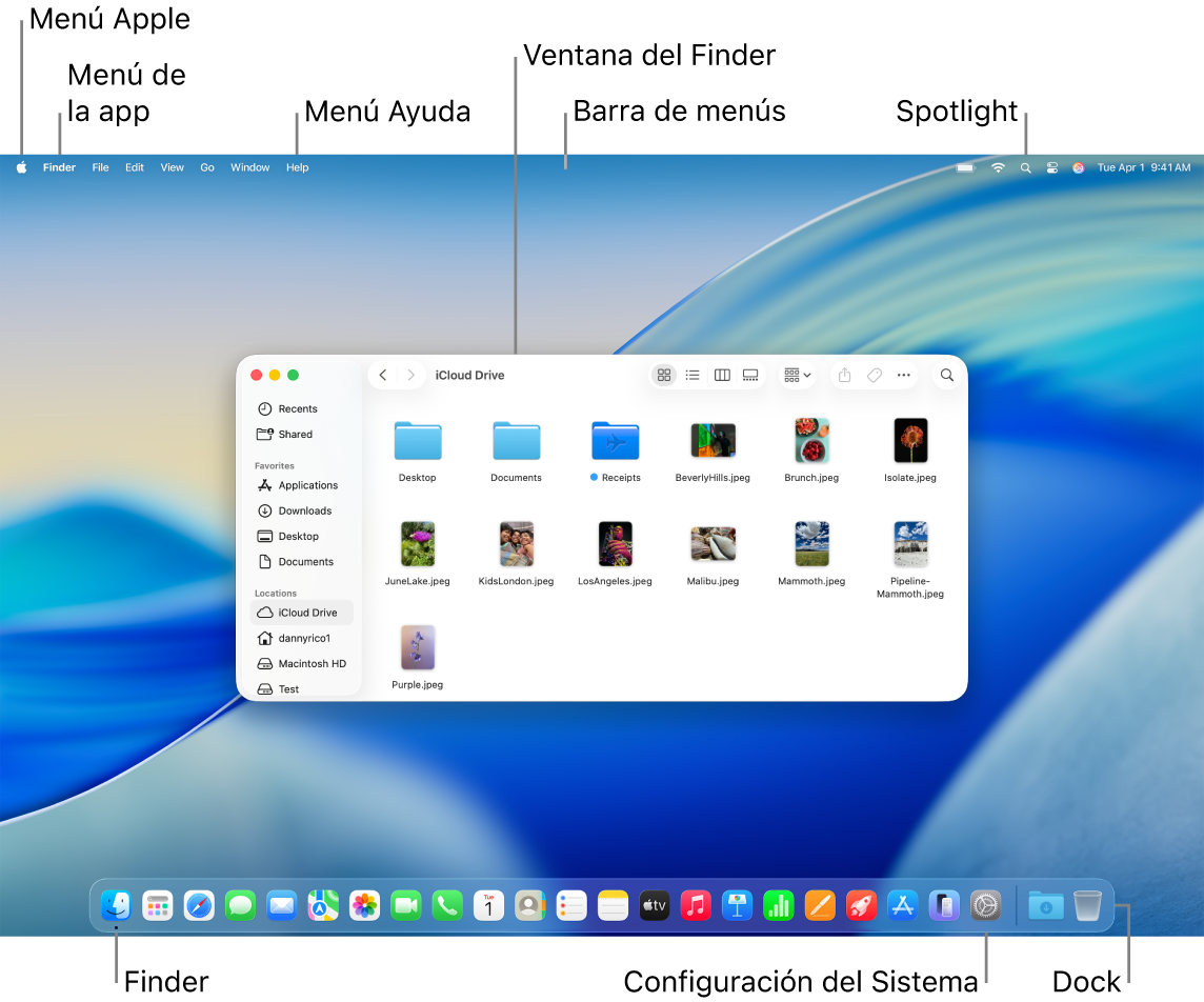 La pantalla de una Mac mostrando el menú Apple, el menú App, el menú Ayuda, una ventana del Finder, la barra de menús, el ícono de Spotlight, el ícono del Finder, el ícono de Configuración del Sistema y el Dock.