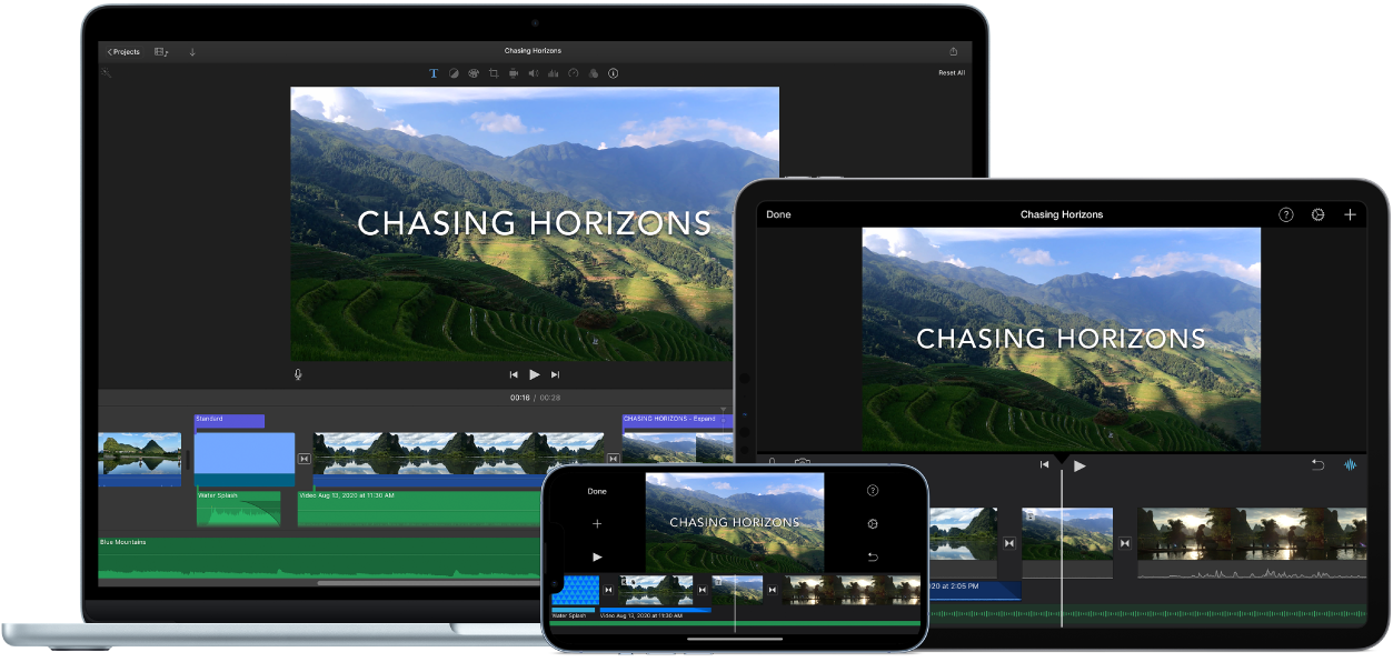 Un MacBook Air, un iPad y un iPhone mostrando el mismo contenido.