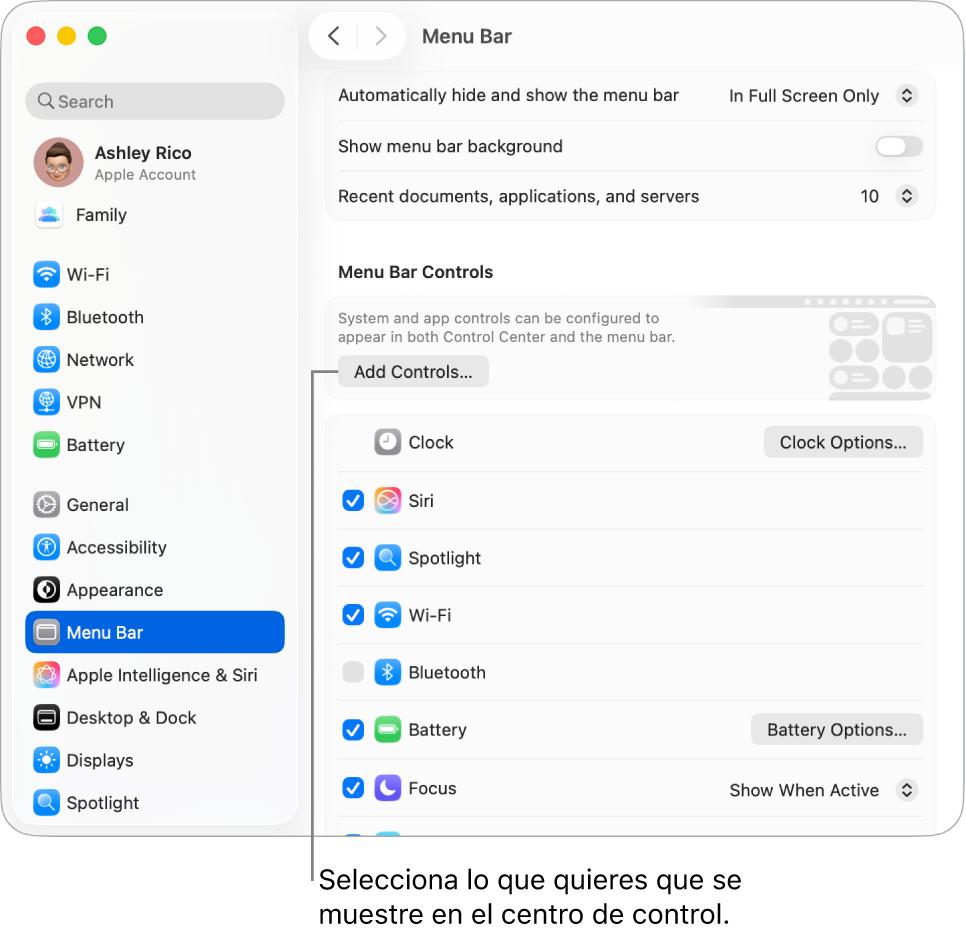 La ventana de configuración de la barra de menús.