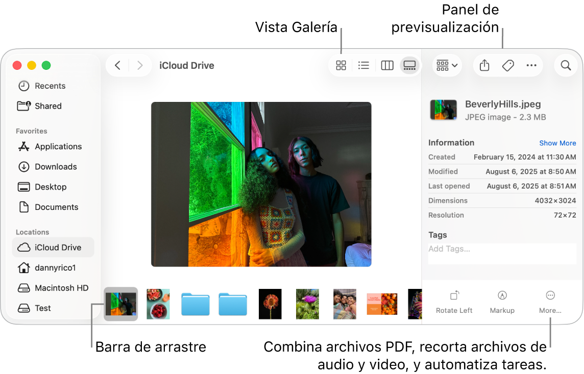Una ventana abierta de Finder en Visualización como Galería mostrando una foto grande con una fila de fotos pequeñas (la barra de arrastre) debajo de esta. Los controles para girar, marcar y más están en la parte derecha de la barra de arrastre.