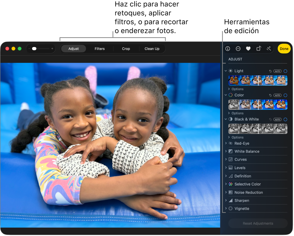 Una ventana de la app Fotos mostrando una foto siendo editada.