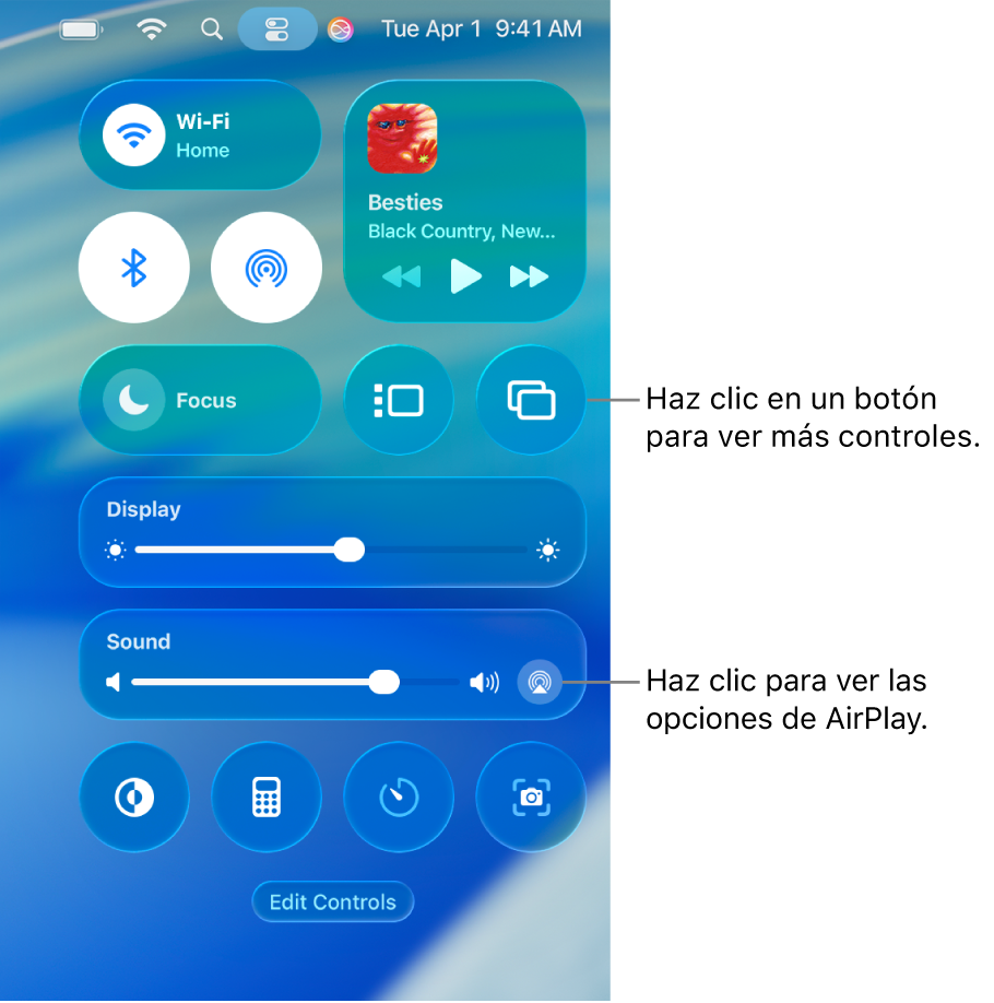 Vista con zoom del centro de control en la Mac con un globo en el botón Pantalla.