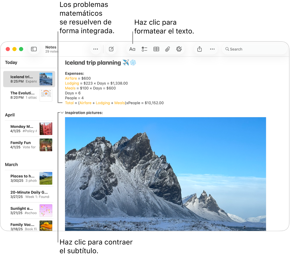 Una ventana de la app Notas muestra cálculos para un viaje y una foto del destino.