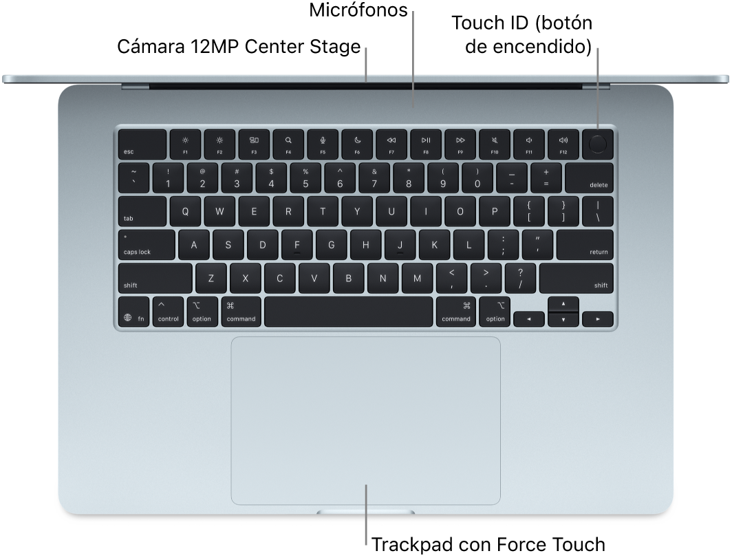 MacBook Air abierto, visto desde arriba, con indicaciones de la cámara, los micrófonos, el botón Touch ID (botón de encendido) y el trackpad Force Touch.