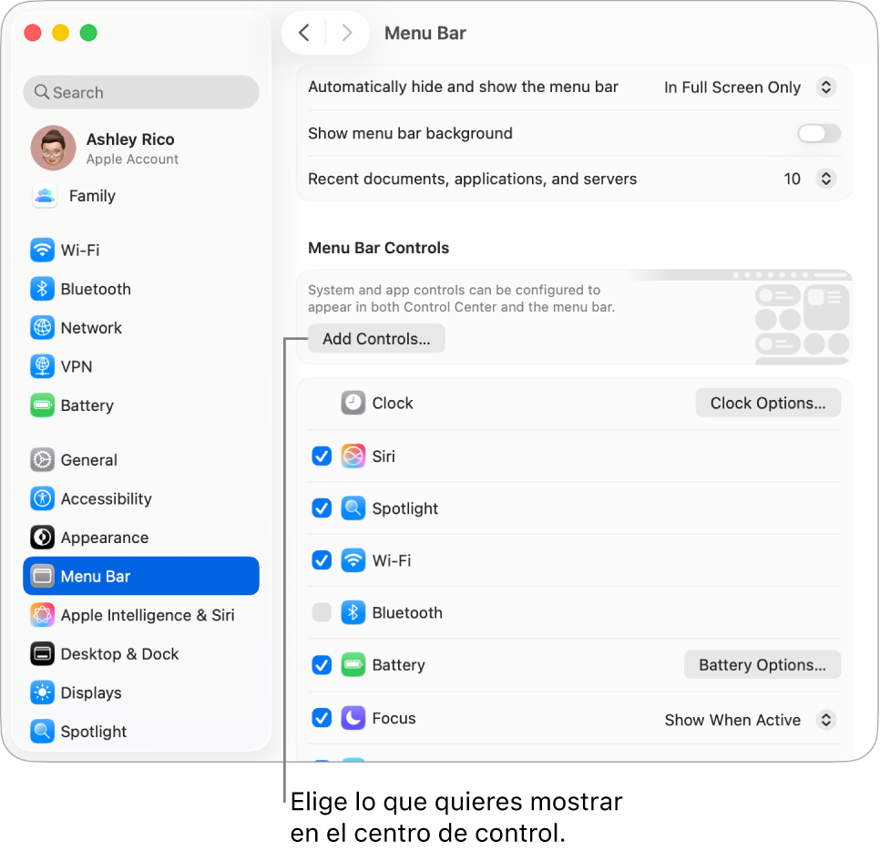 La ventana de ajustes de la barra de menús.