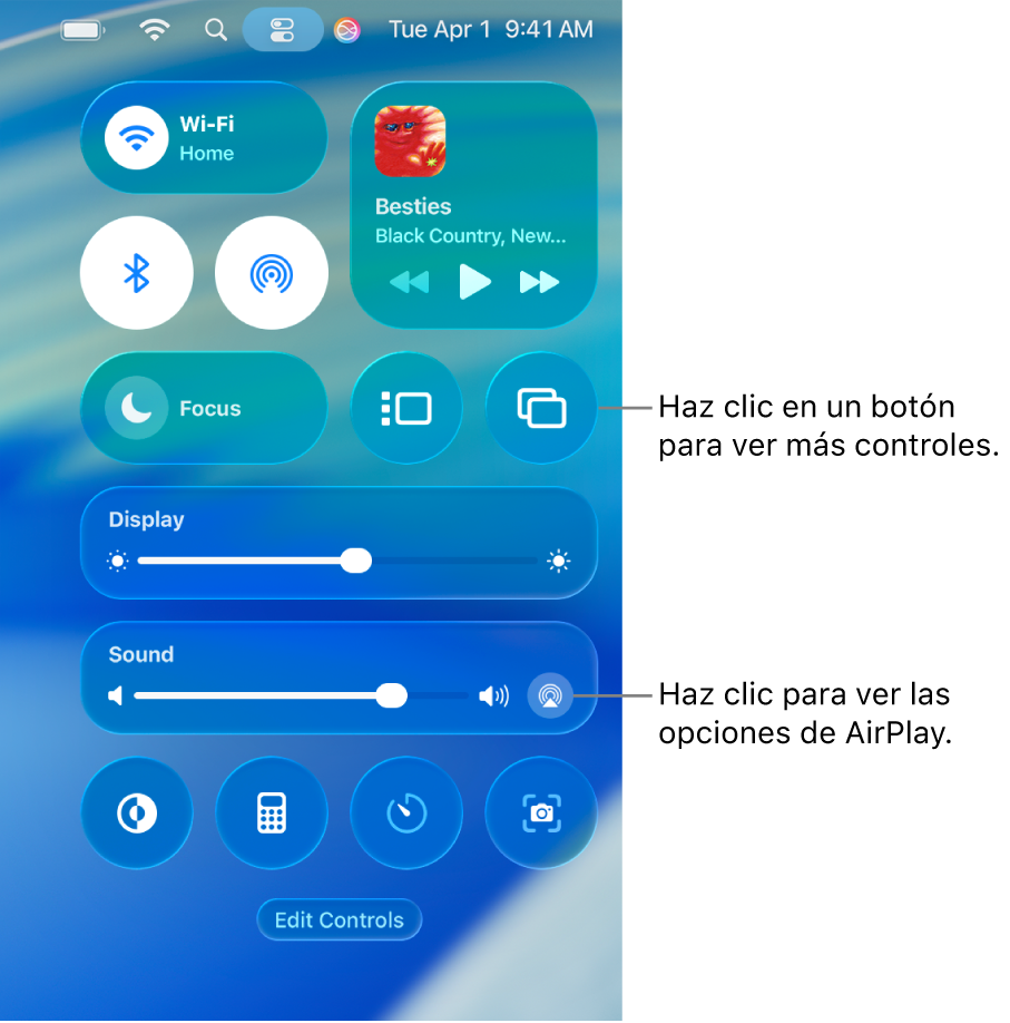 Vista ampliada del centro de control del Mac con una llamada al botón de mostrar.