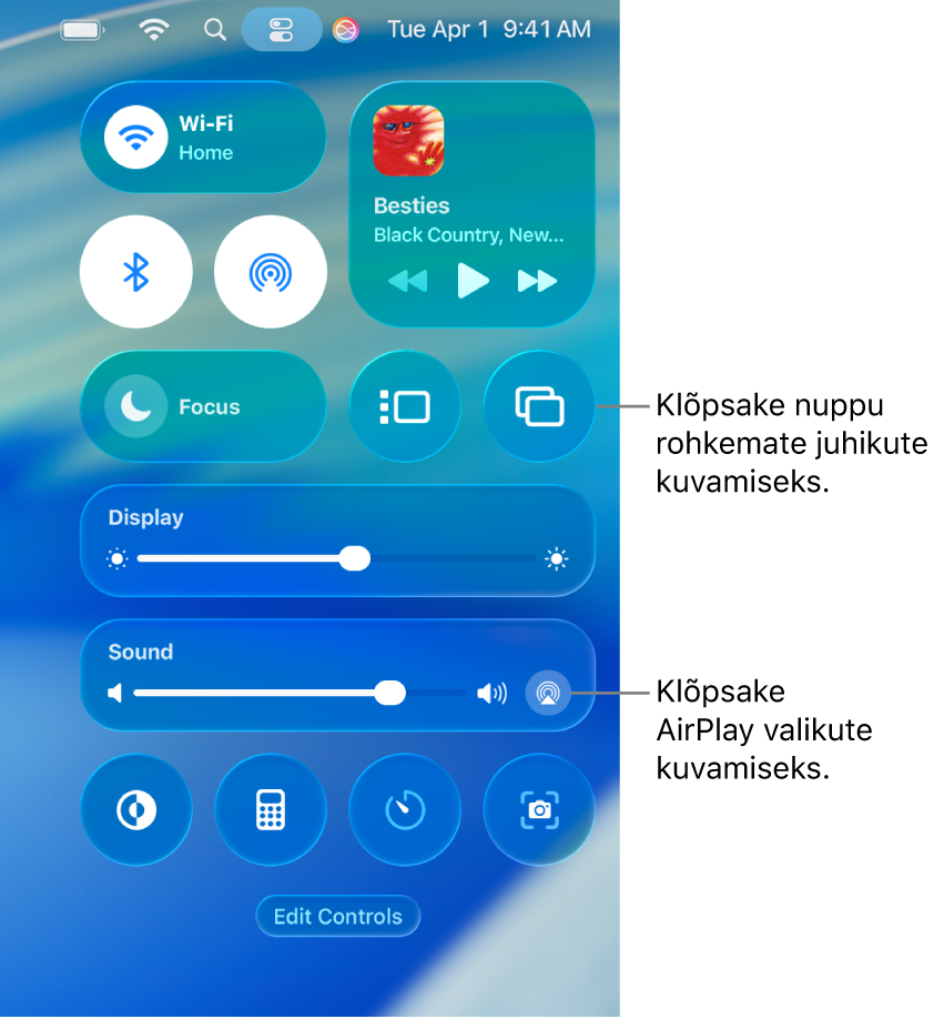 Control Centeri sissesuumitud vaade Macis väljaviiguga nupule Display.