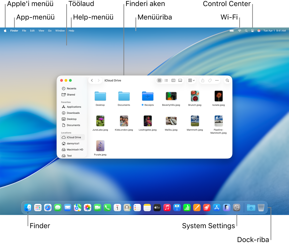 Maci ekraanil kuvatakse Apple-menüüd, App-menüüd, töölauda, Help-menüüd, Finderi akent, menüüriba, Wi-Fi-ikooni, Control Centeri ikooni, Finderi ikooni, System Settingsi ikooni ja Dock-riba.