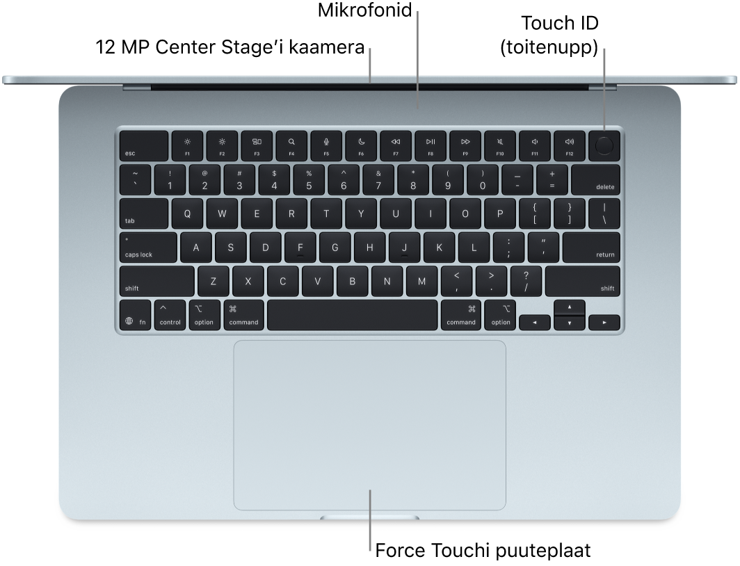 Ülaltvaade avatud MacBook Airile väljaviikudega kaamerale, mikrofonidele, Touch ID-le (toitenupule) ja Force Touch-puuteplaadile.